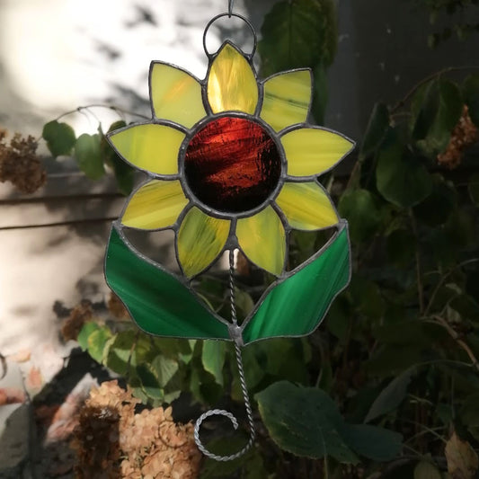 Sunflower on Stem with Leaves Stained Glass Suncatcher