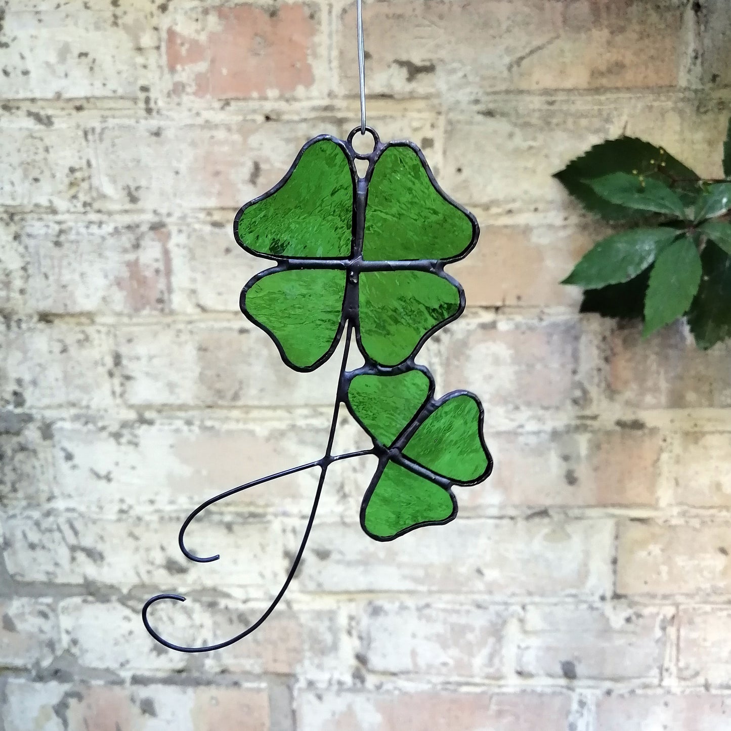 Two Lucky Four and Three Leaf Shamrocks Stained Glass Suncatcher