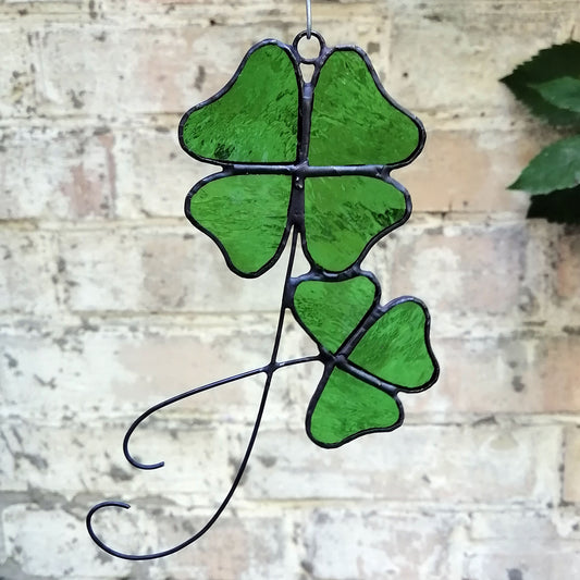 Two Lucky Four and Three Leaf Shamrocks Stained Glass Suncatcher