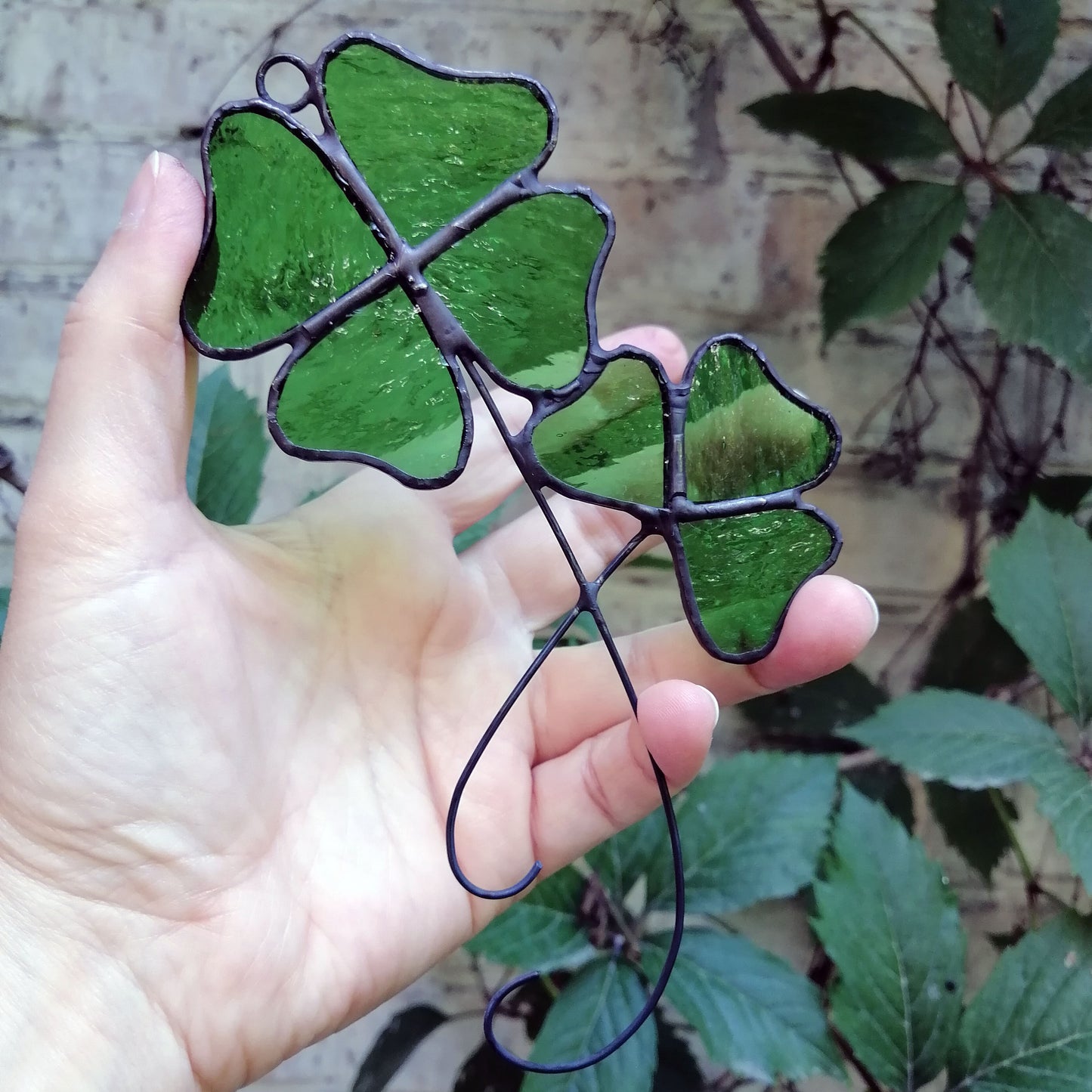 Two Lucky Four and Three Leaf Shamrocks Stained Glass Suncatcher