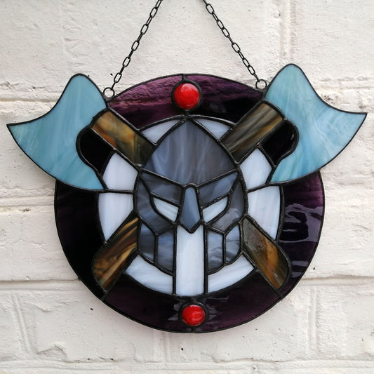 Viking Warriors Shield with Helmet and Double Axes Stained Glass Panel