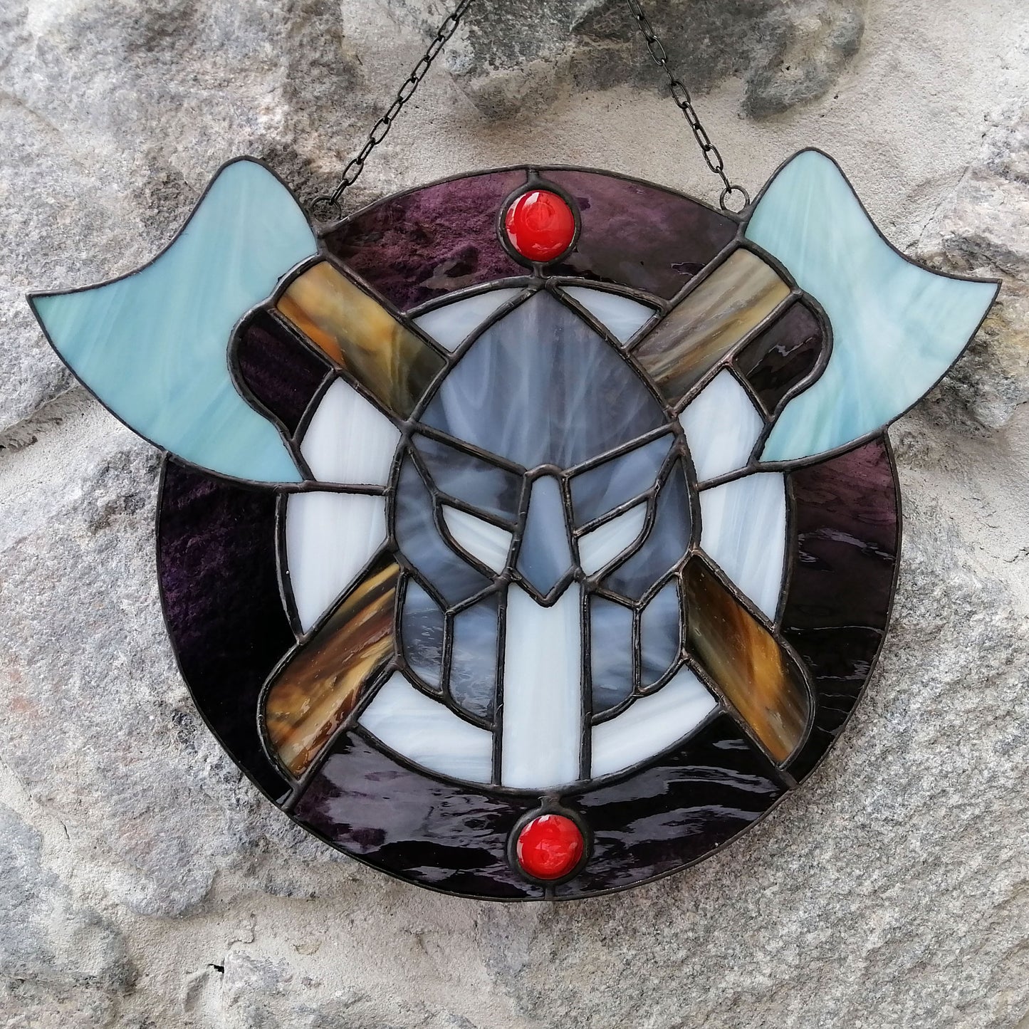 Viking Warriors Shield with Helmet and Double Axes Stained Glass Panel