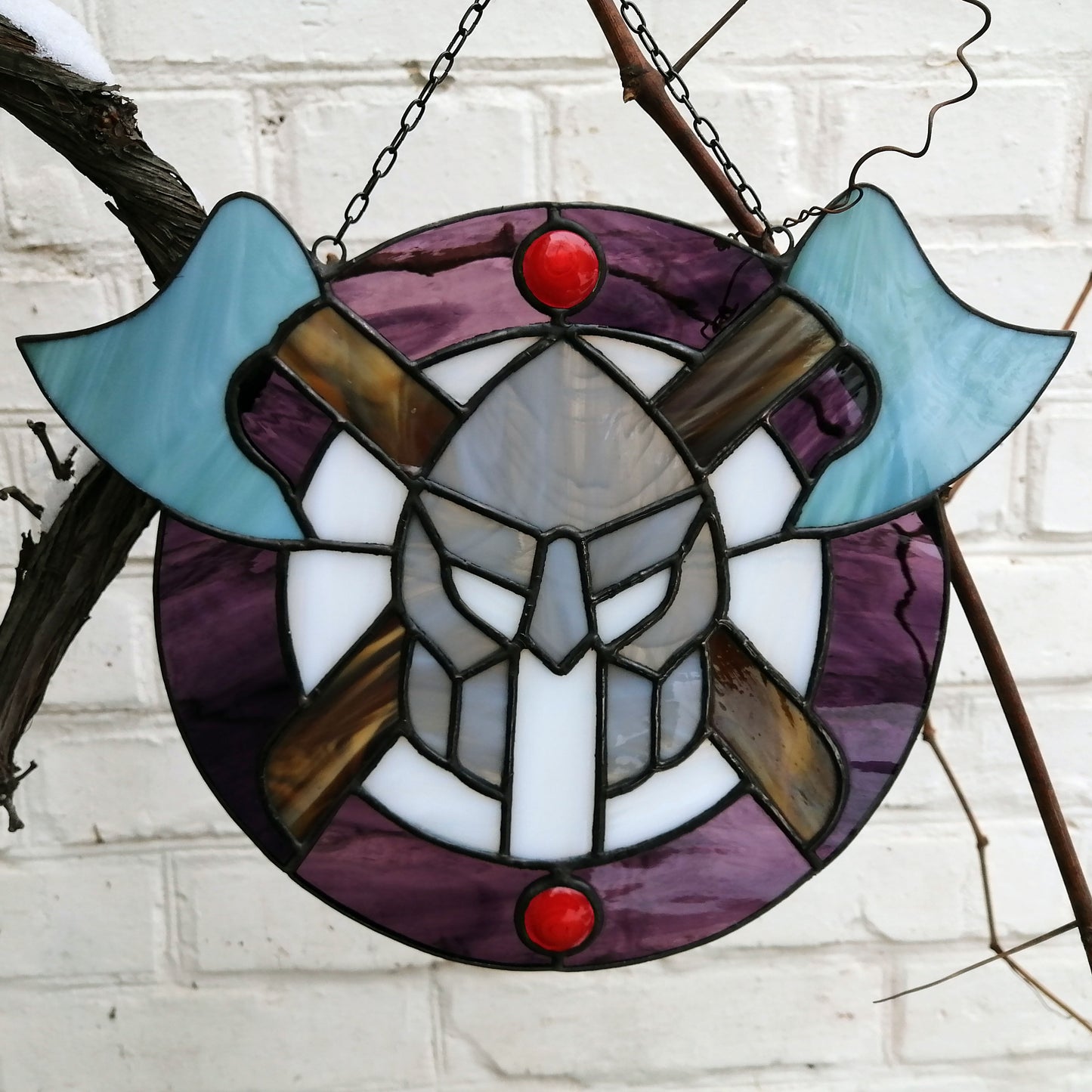 Viking Warriors Shield with Helmet and Double Axes Stained Glass Panel