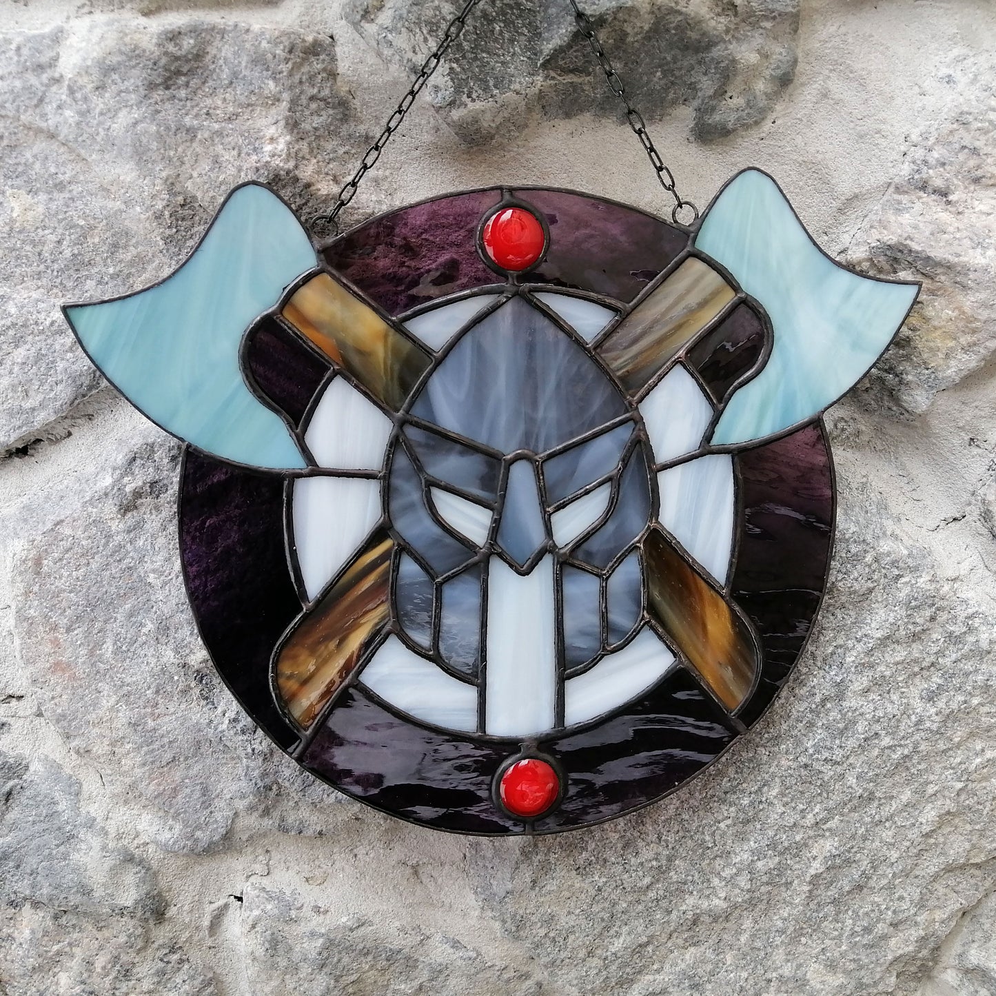 Viking Warriors Shield with Helmet and Double Axes Stained Glass Panel