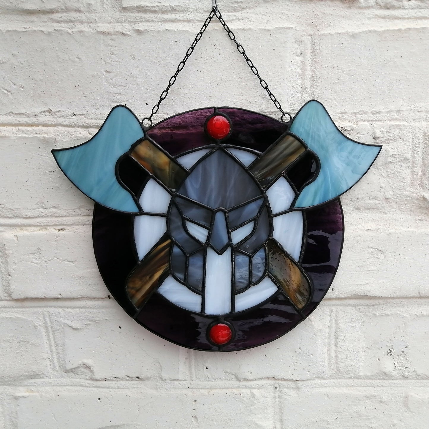 Viking Warriors Shield with Helmet and Double Axes Stained Glass Panel