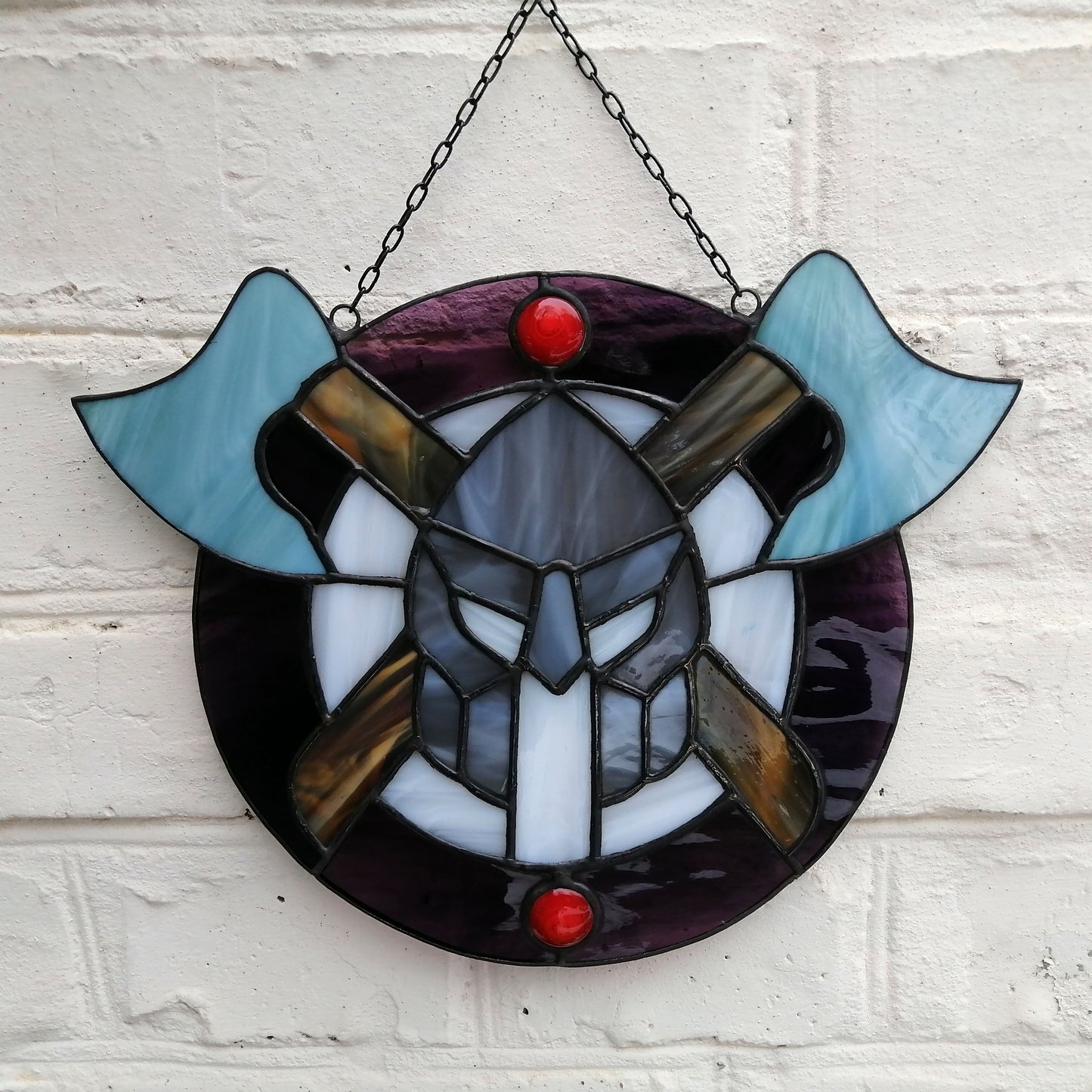 Viking Warriors Shield with Helmet and Double Axes Stained Glass Panel