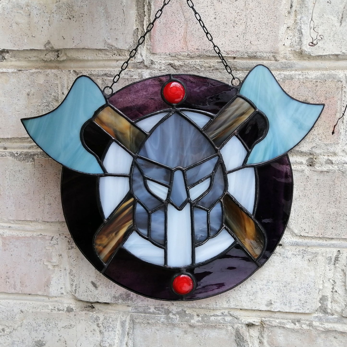 Viking Warriors Shield with Helmet and Double Axes Stained Glass Panel