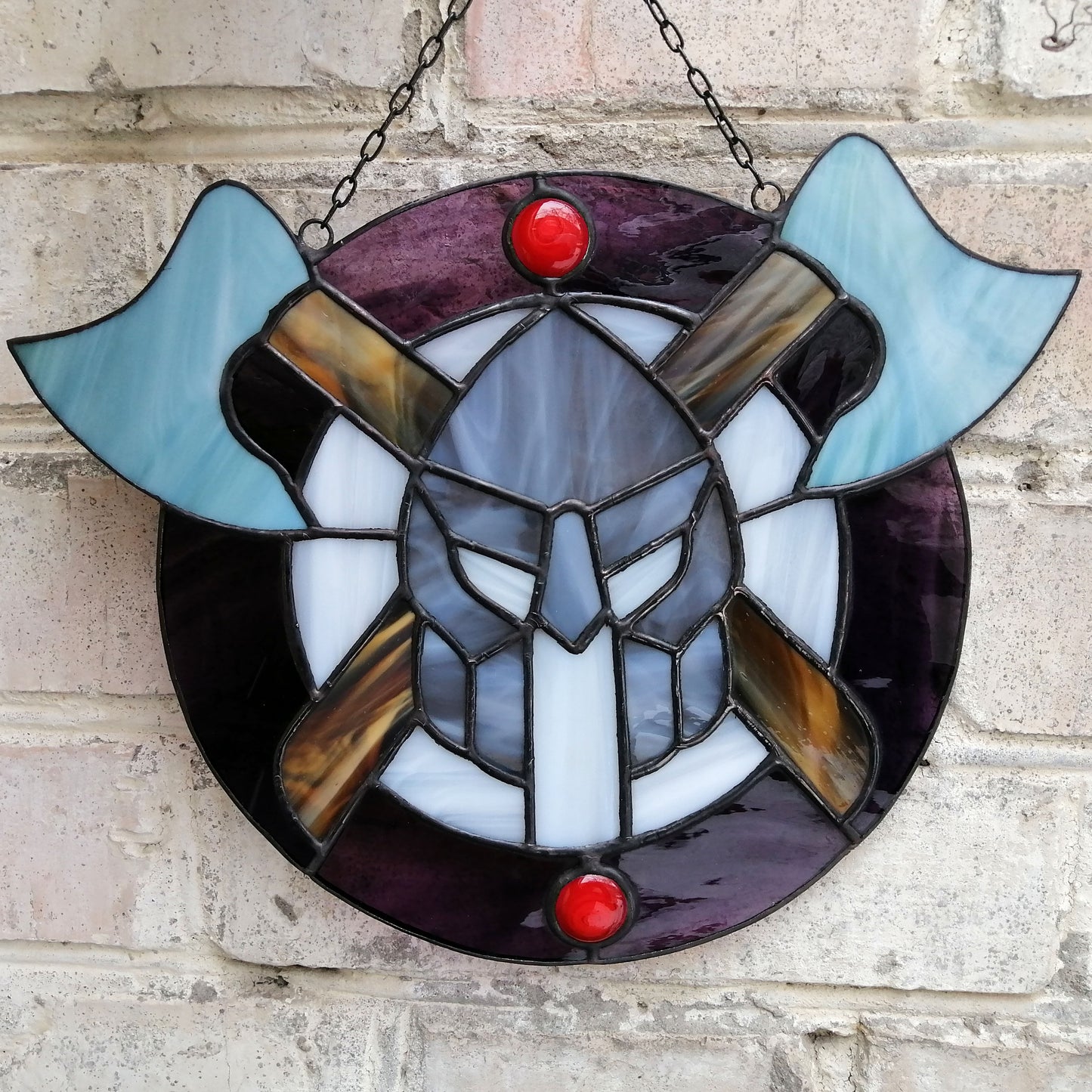 Viking Warriors Shield with Helmet and Double Axes Stained Glass Panel