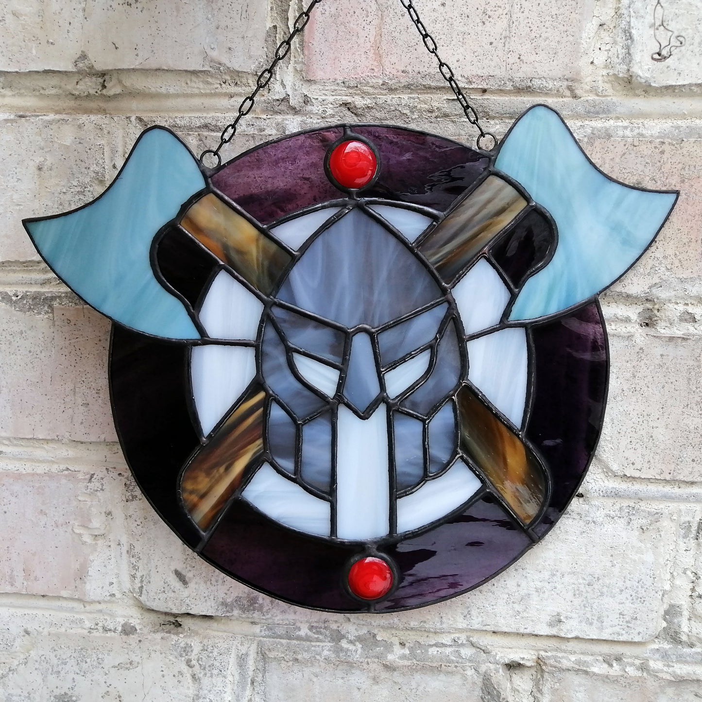 Viking Warriors Shield with Helmet and Double Axes Stained Glass Panel