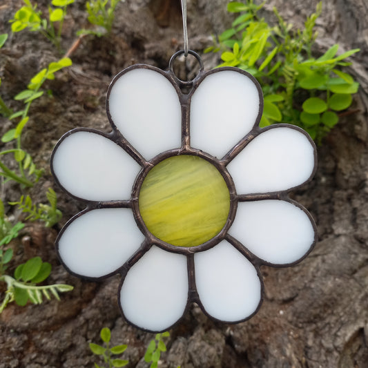 Lovely White Daisy Stained Glass Ornament