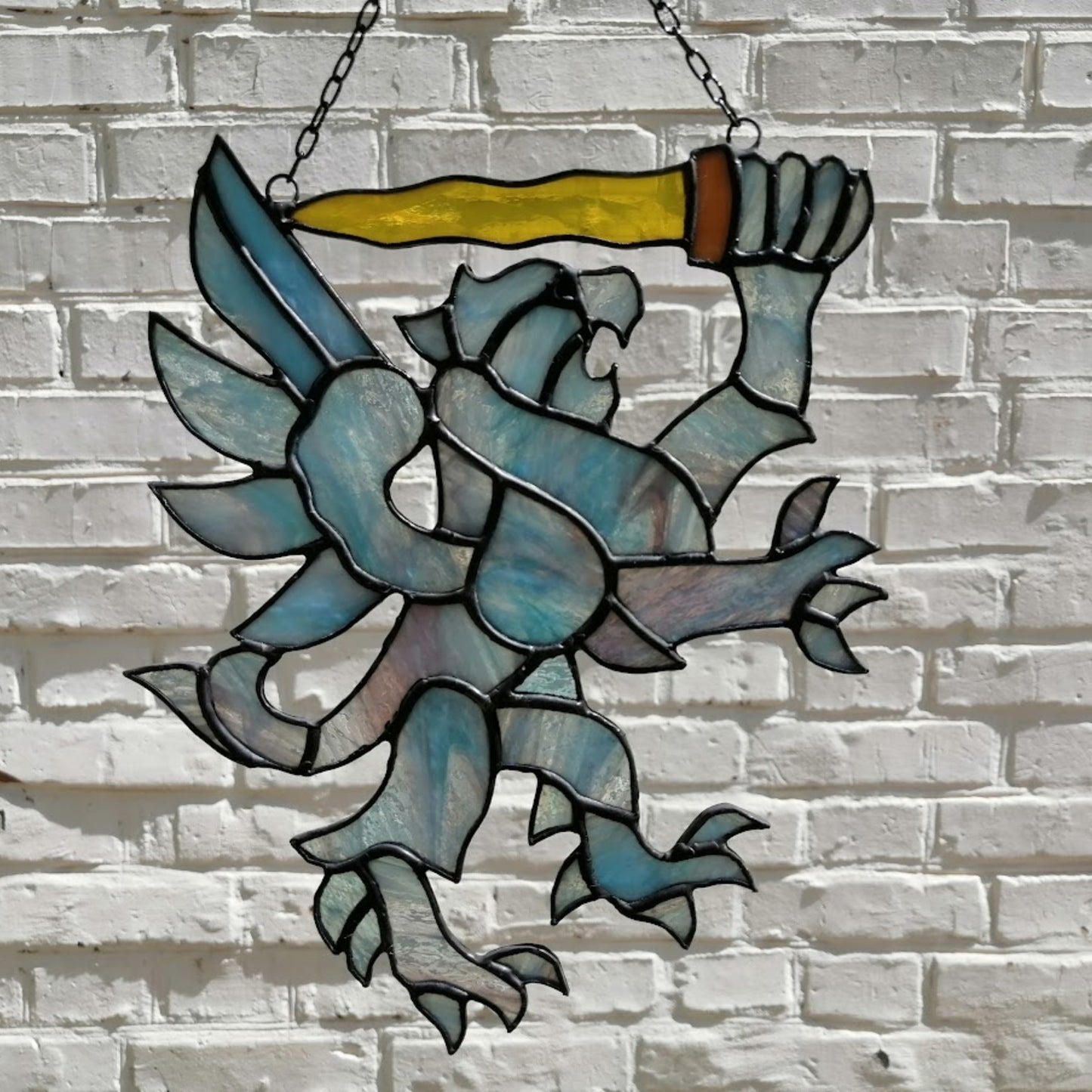 Winged Lion with Sword Stained Glass Suncatcher