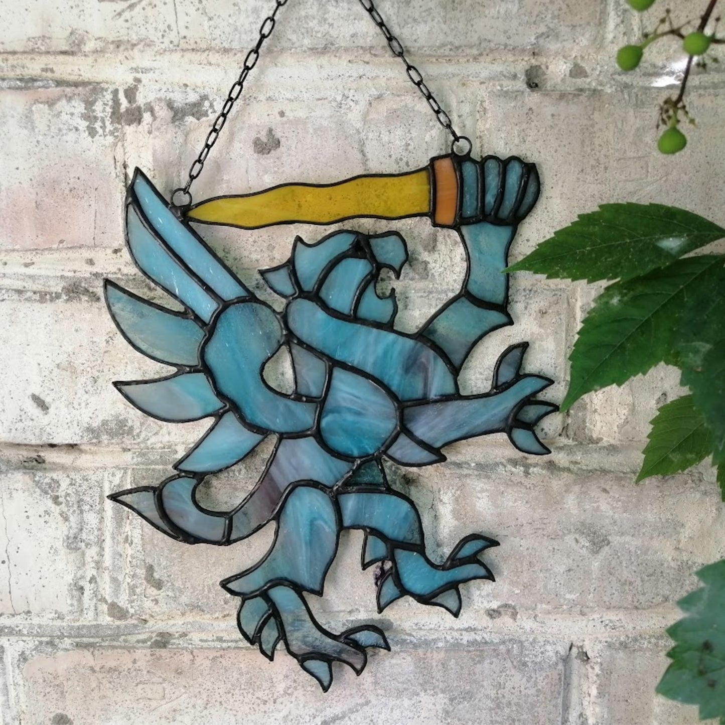 Winged Lion with Sword Stained Glass Suncatcher