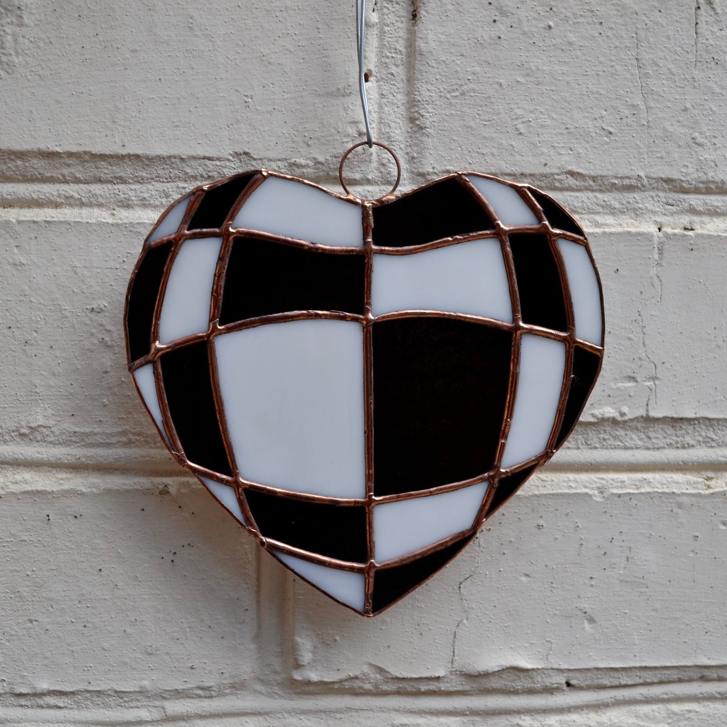 Black and White Checks Heart Stained Glass Suncatcher