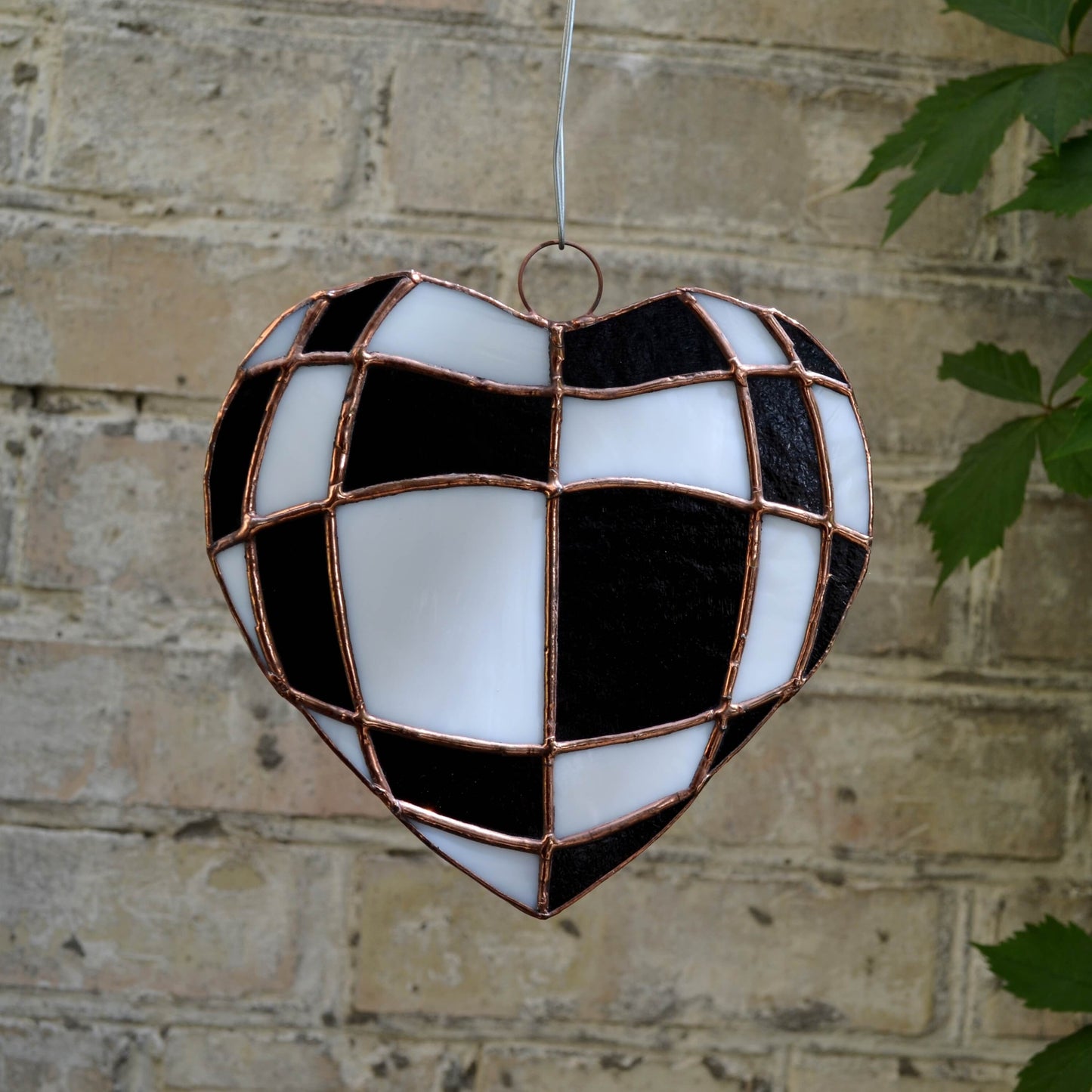 Black and White Checks Heart Stained Glass Suncatcher