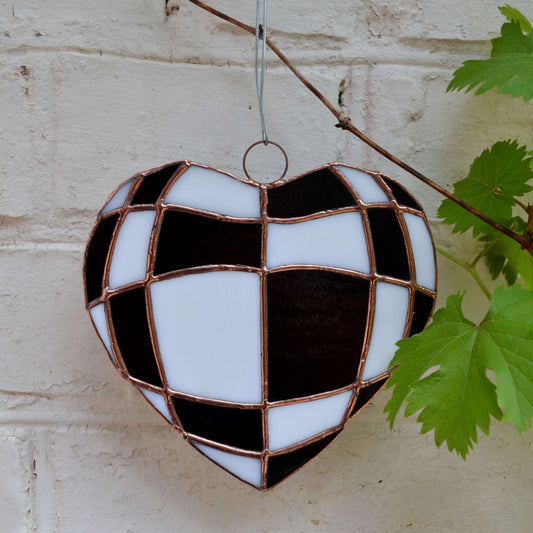 Black and White Checks Heart Stained Glass Suncatcher