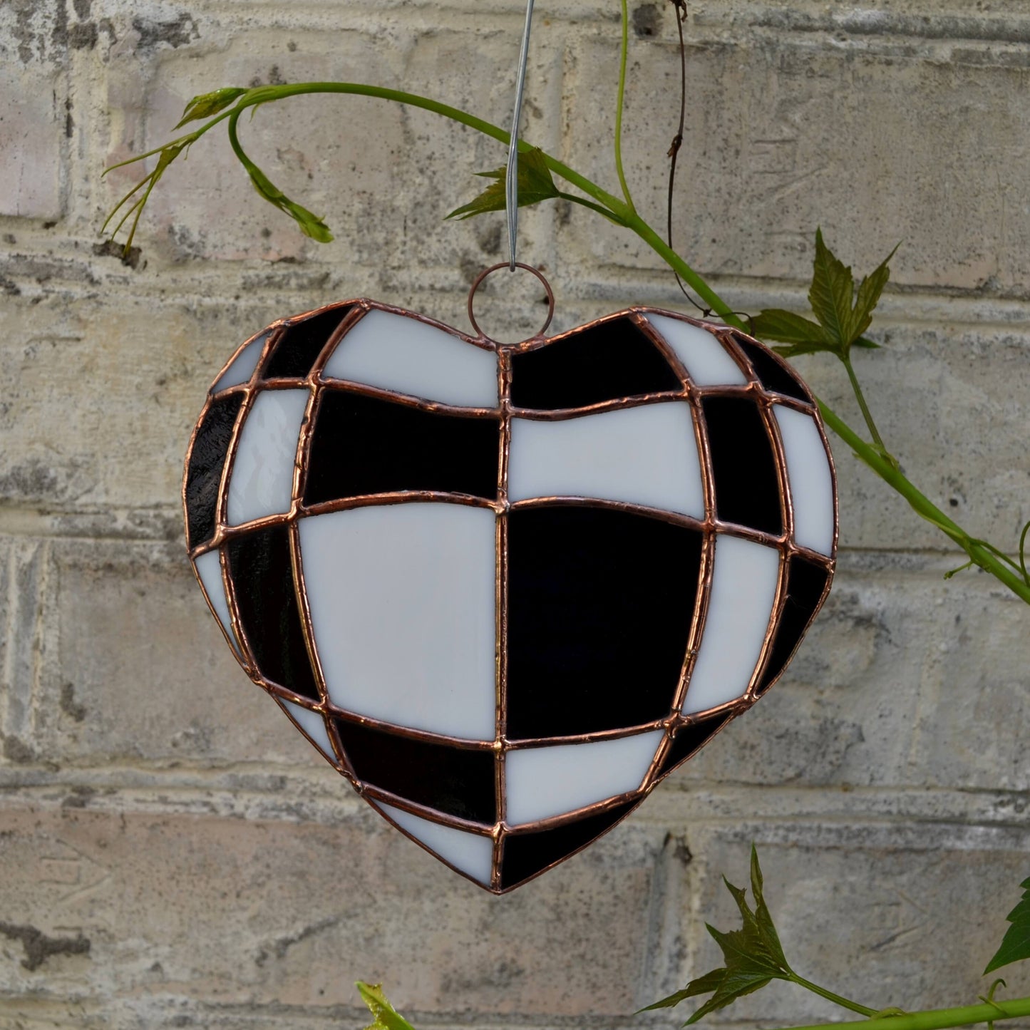 Black and White Checks Heart Stained Glass Suncatcher