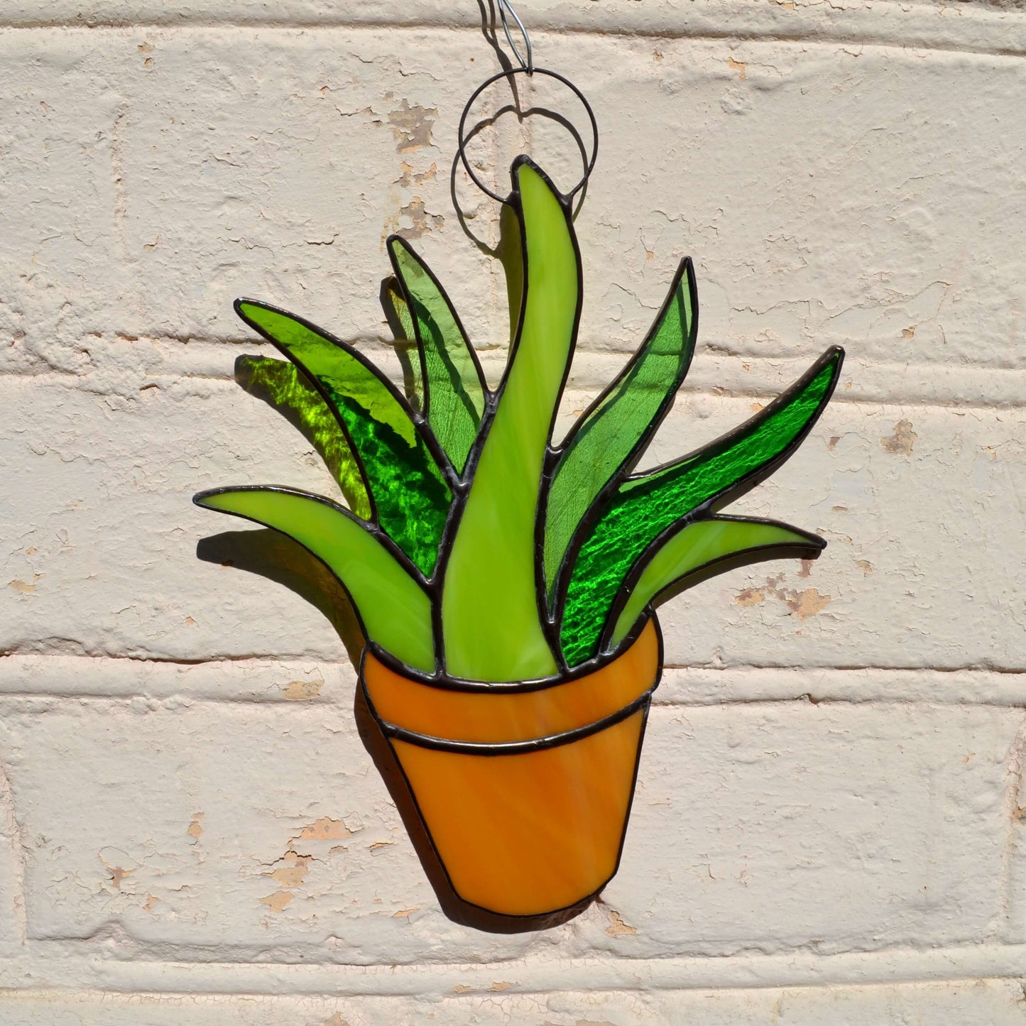 Stained Glass Potted Succulent Suncatcher Green Aloe Vera Plant in Pot