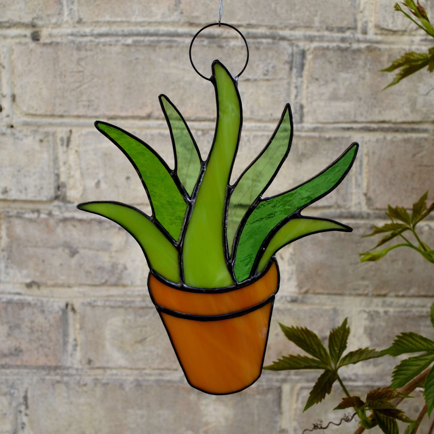 Stained Glass Potted Succulent Suncatcher Green Aloe Vera Plant in Pot