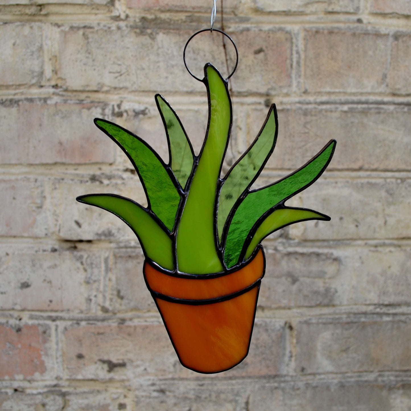 Stained Glass Potted Succulent Suncatcher Green Aloe Vera Plant in Pot