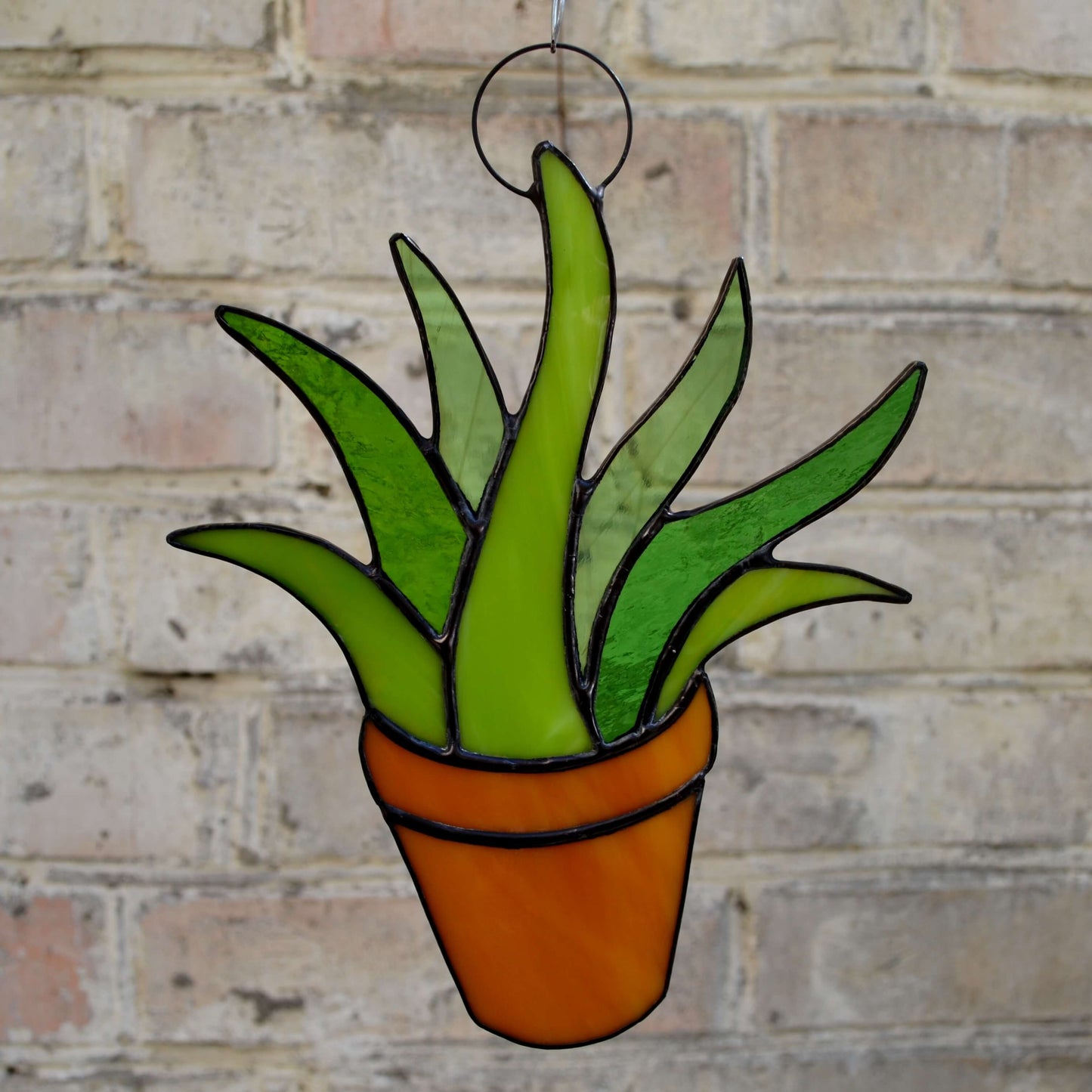 Stained Glass Potted Succulent Suncatcher Green Aloe Vera Plant in Pot