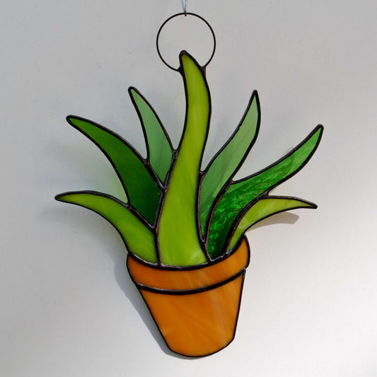 Stained Glass Potted Succulent Suncatcher Green Aloe Vera Plant in Pot