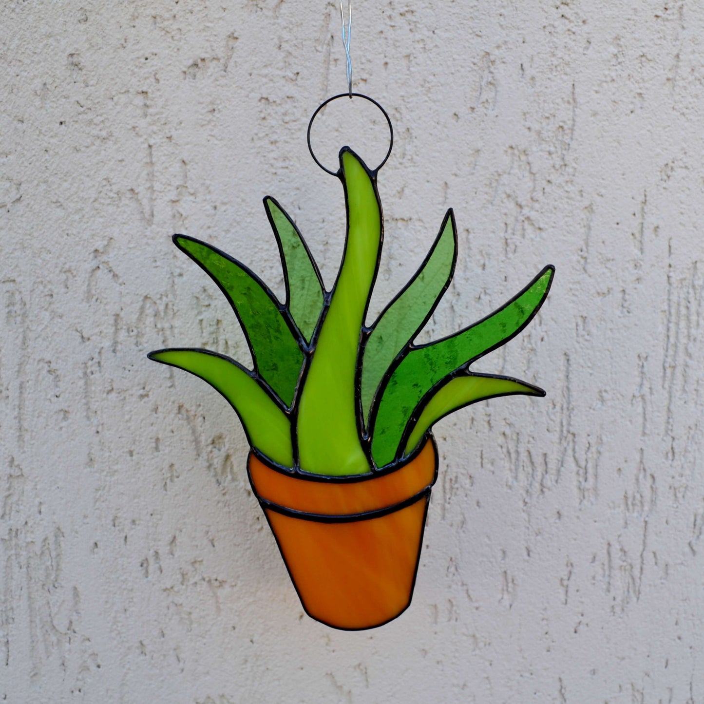 Stained Glass Potted Succulent Suncatcher Green Aloe Vera Plant in Pot