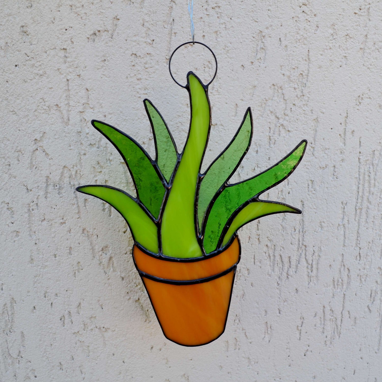 Stained Glass Potted Succulent Suncatcher Green Aloe Vera Plant in Pot