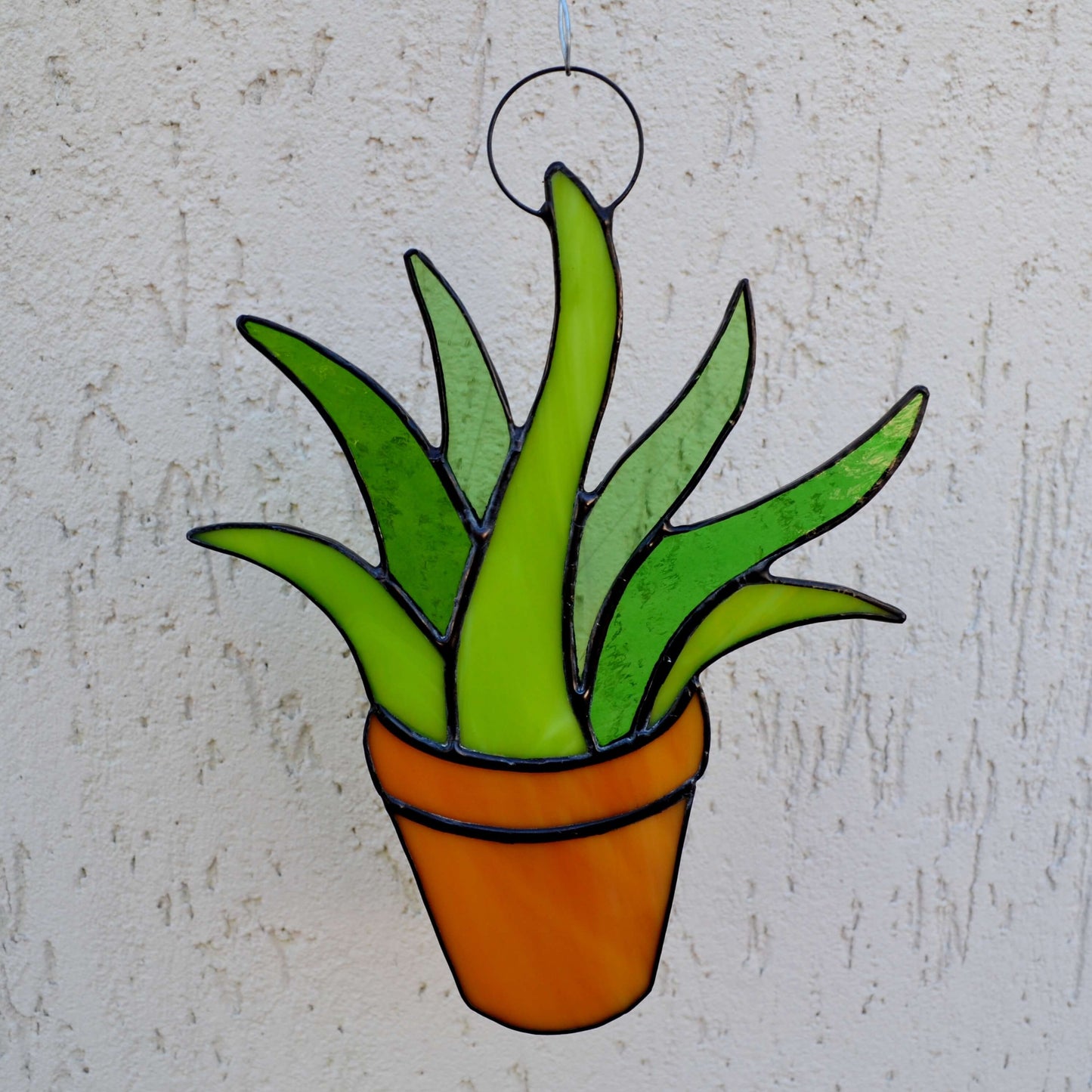 Stained Glass Potted Succulent Suncatcher Green Aloe Vera Plant in Pot