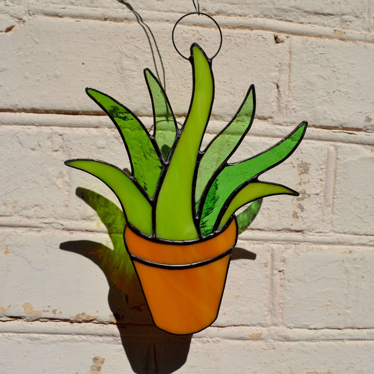 Stained Glass Potted Succulent Suncatcher Green Aloe Vera Plant in Pot