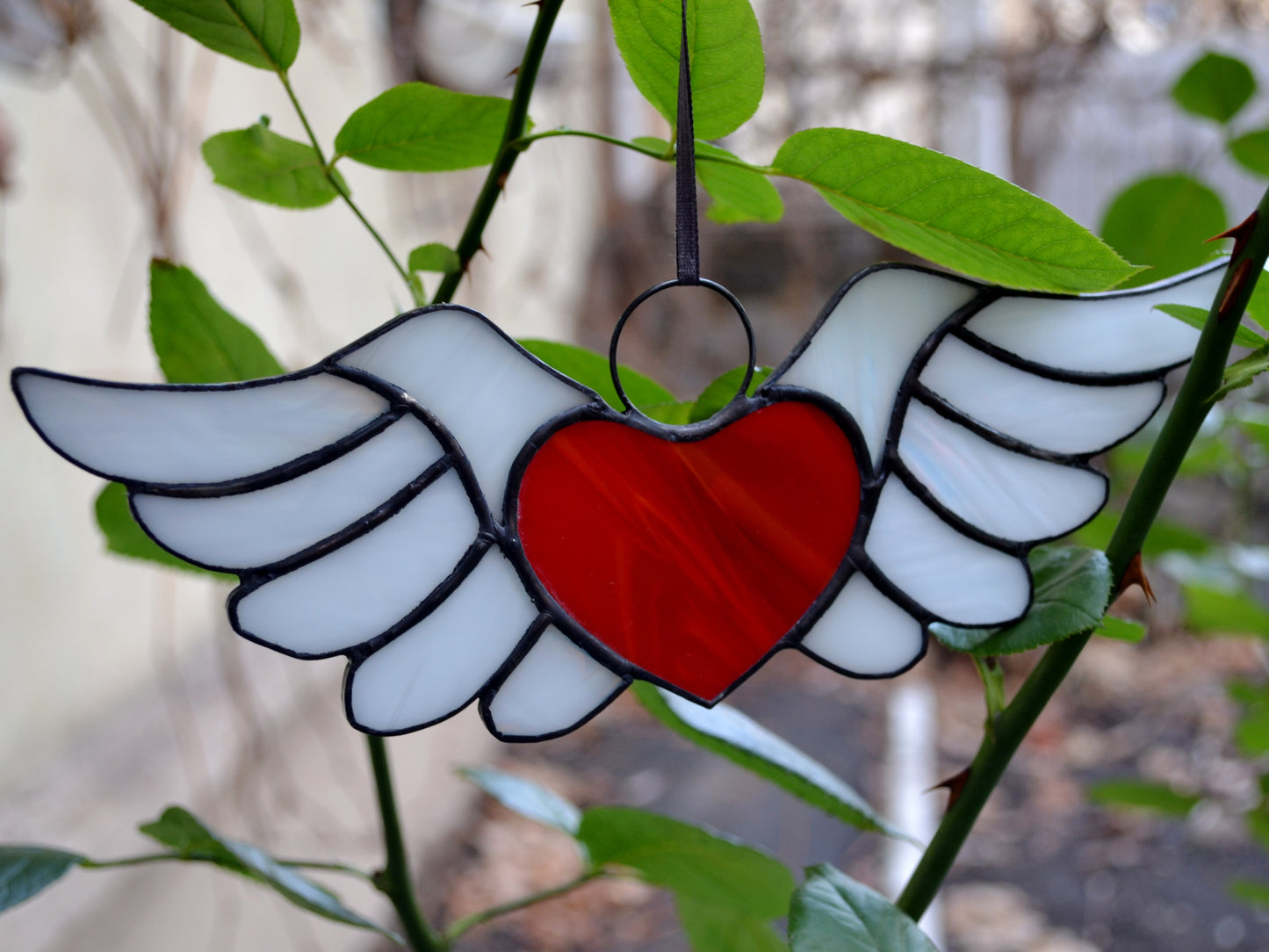 Red Heart with Wings Stained Glass Suncatcher