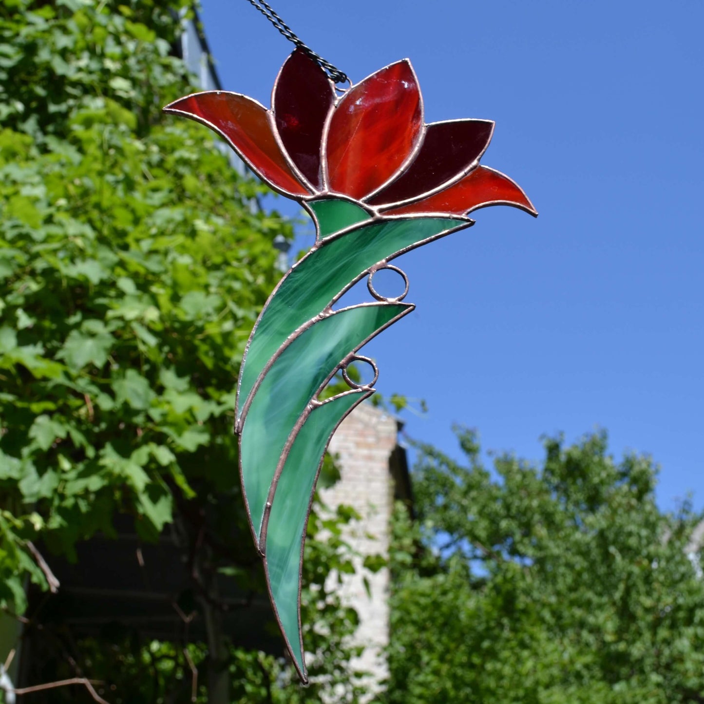 Large Red Lily Flower Stained Glass Suncatcher