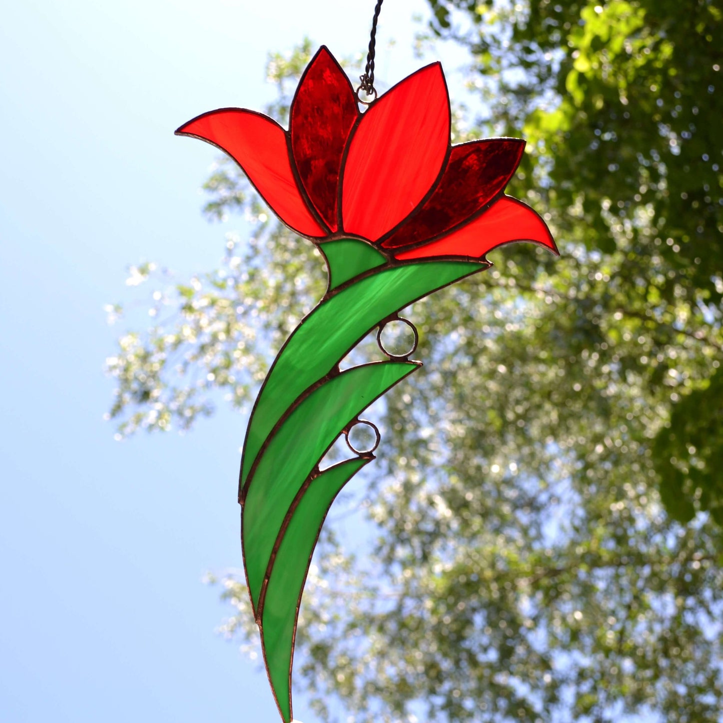 Large Red Lily Flower Stained Glass Suncatcher