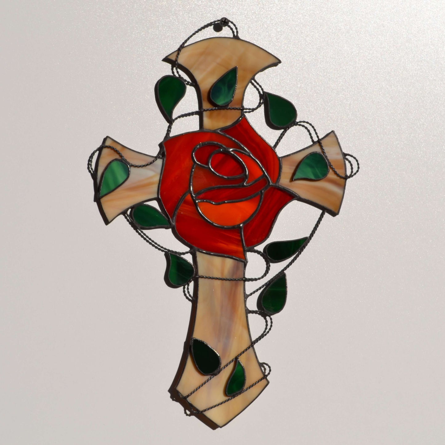 Red Rose Stained Glass Cross Suncatcher