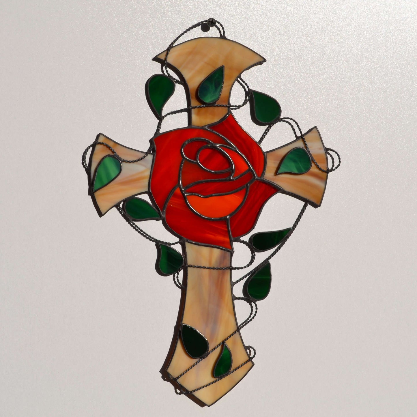 Red Rose Stained Glass Cross Suncatcher